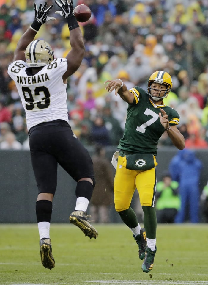 Oct 22, 2017; Green Bay Packers quarterback Brett Hundley (7) has a pass deflected by New Orleans Saints defensive tackle David Onyemata (93). Mandatory Credit: Adam Wesley/Wisconsin via USA TODAY Sports